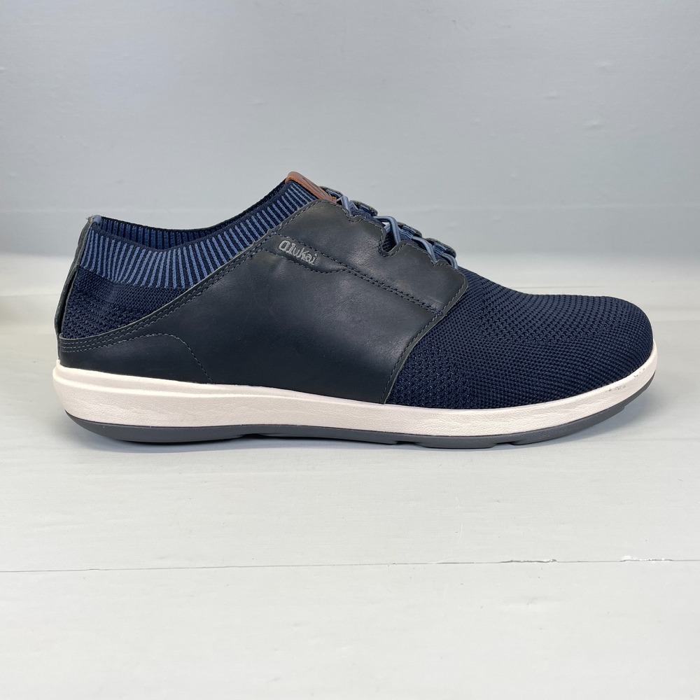 OluKai Makia Ulana Shoes Mens Size 13 Blue Knit Black Leather Lace Up Sneakers